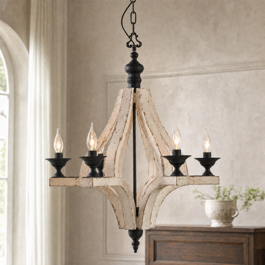 Distressed cream wood six-light farmhouse chandelier with illuminated candle bulbs, close-up