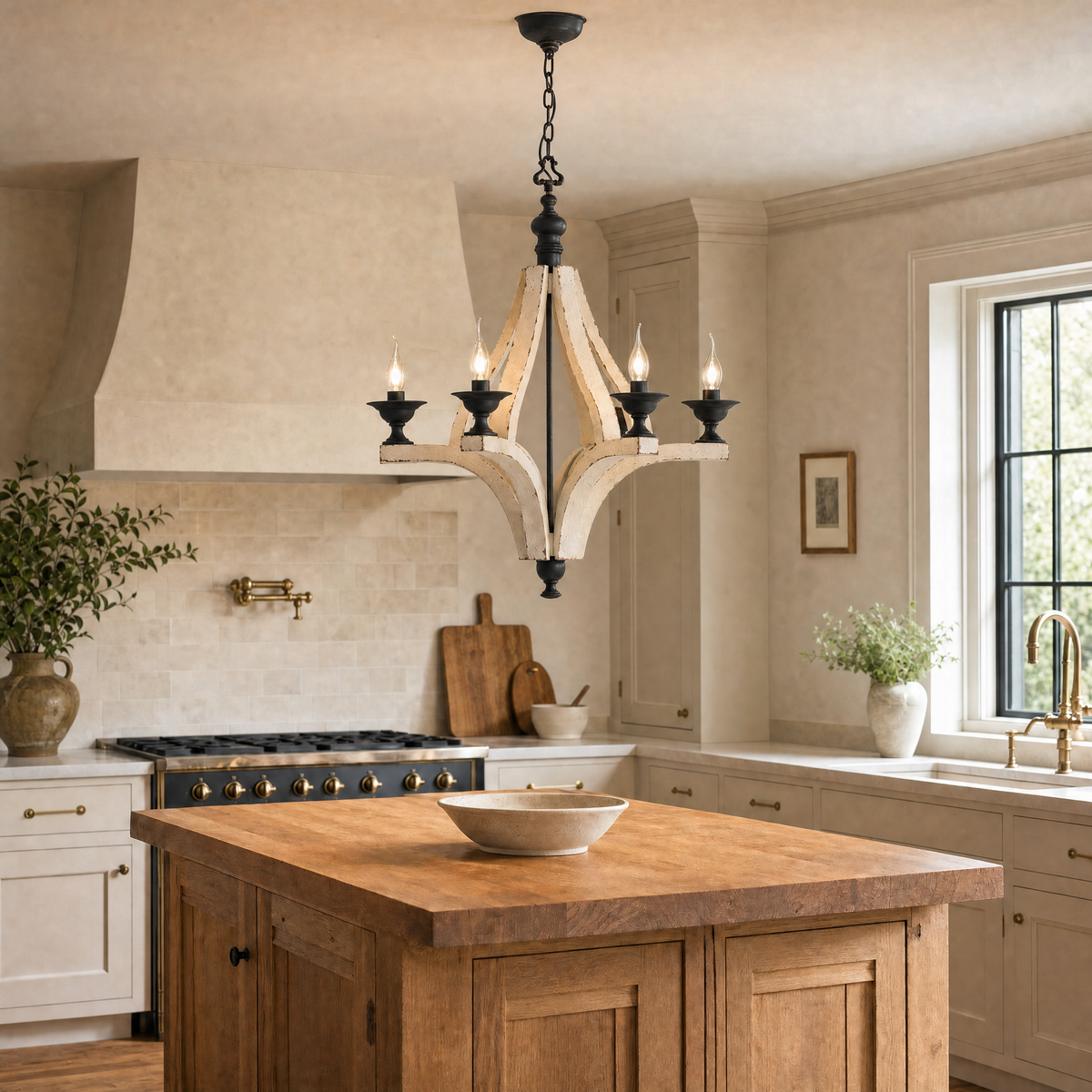 Distressed white wood chandelier with six warm lights above an oak kitchen island