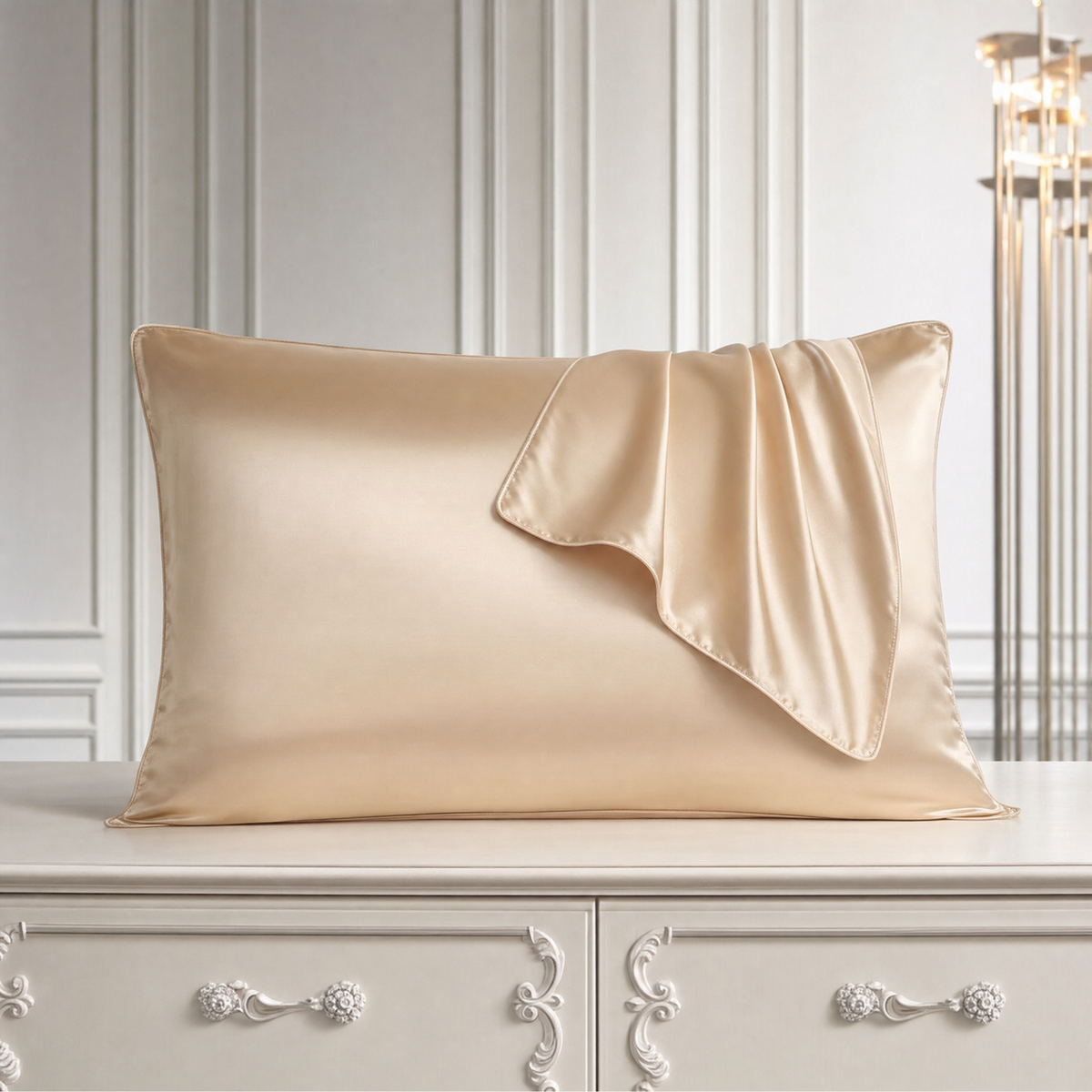 Mulberry silk pillowcase in Champagne, styled with a folded silk corner