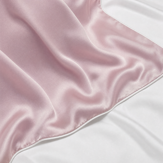 Close-up of Smoke Pink mulberry silk pillowcase corner and piped seam on white bedding