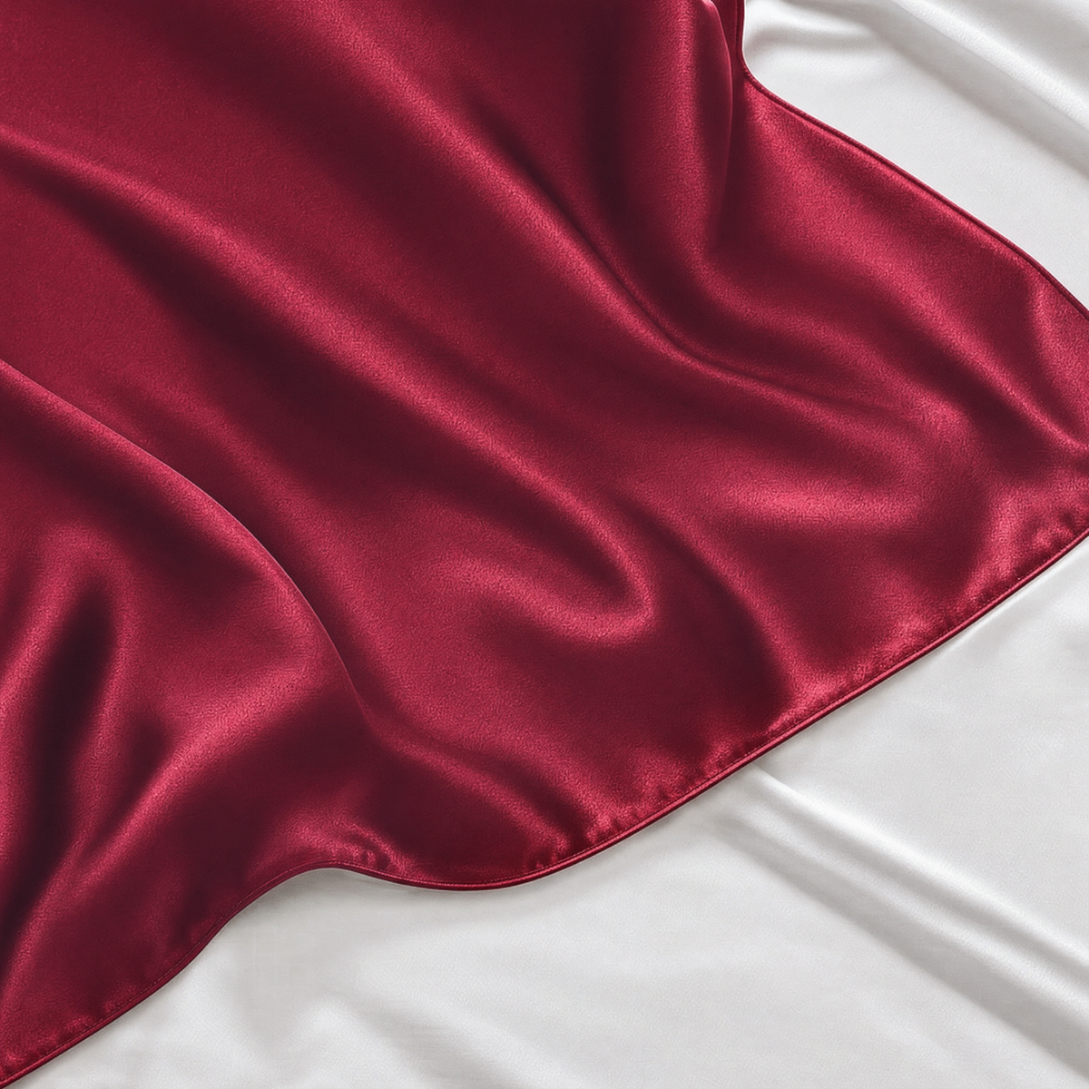 Close-up of Wine Red mulberry silk pillowcase corner and piped seam on white bedding