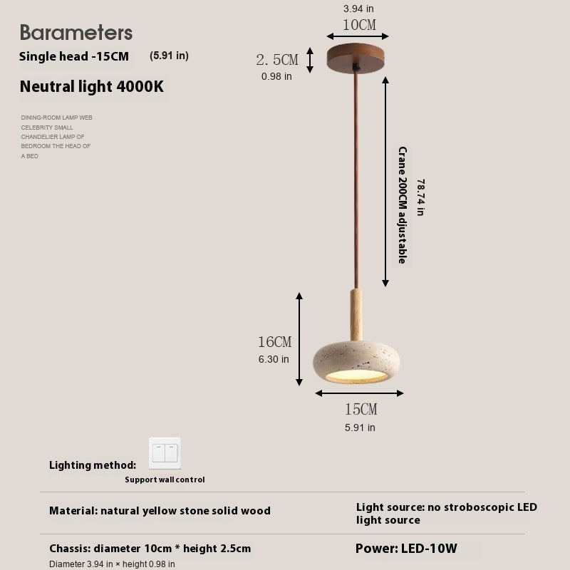 Stone and wood pendant light dimensions in centimetres and inches - 4000K neutral white