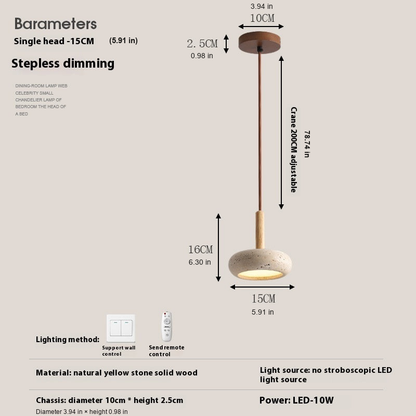 Stone and wood pendant light dimensions in centimetres and inches - stepless dimming with remote